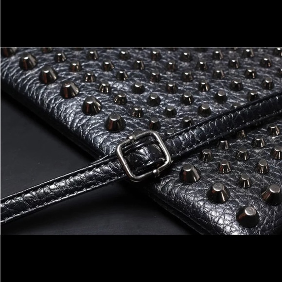 Unisex Black Studded Clutch Bag With Crossbody Shoulder Strap